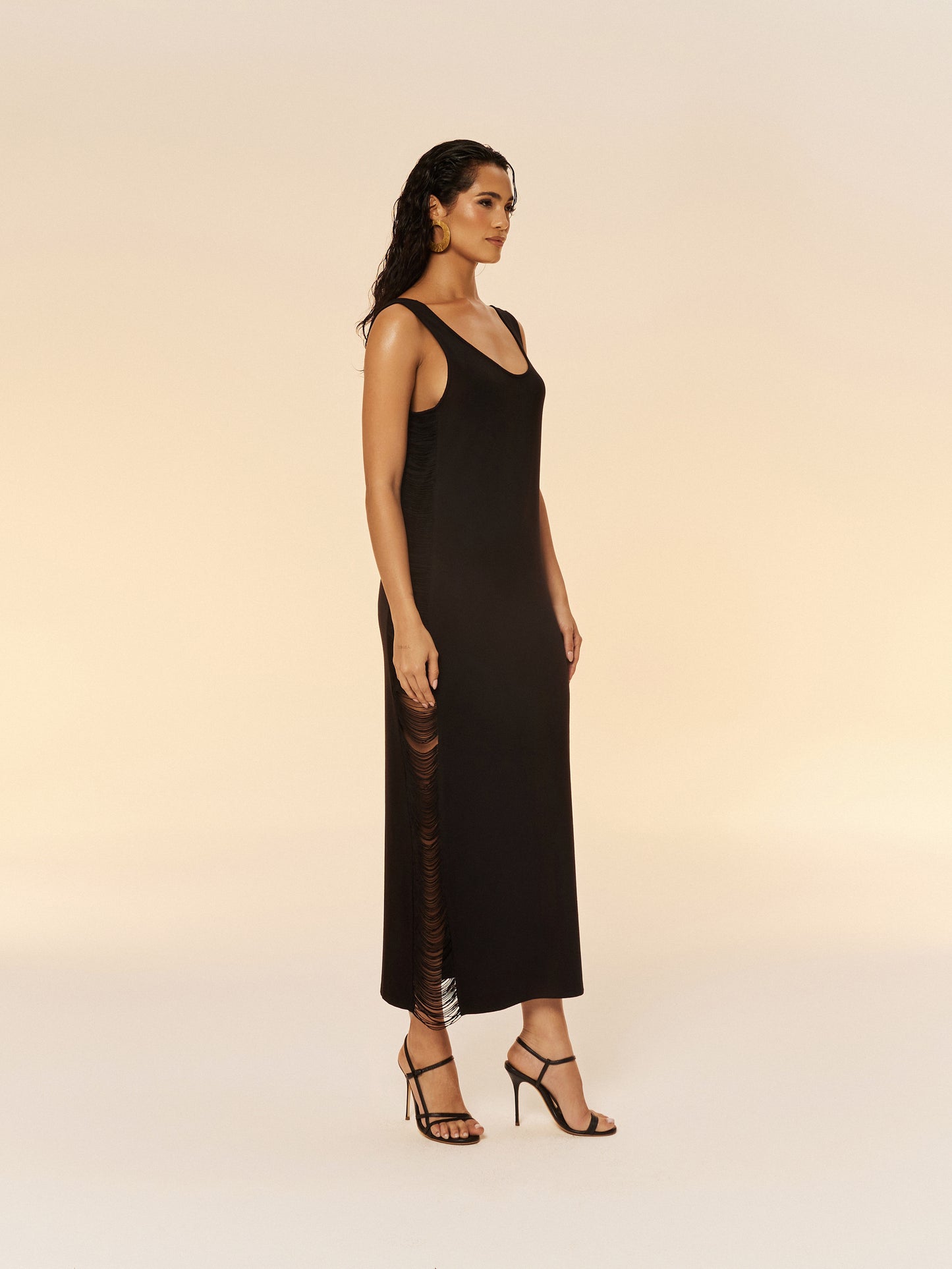 SIDE FRINGE DRESS IN BLACK